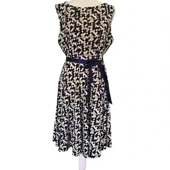 Haani Sleeveless Fit & Flare Dress Size XLP  Black White Brown Stretch Career - Picture 1 of 8